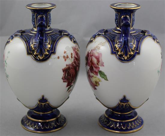 A pair of Royal Worcester ovoid two handled vases, c.1897, 19.5cm